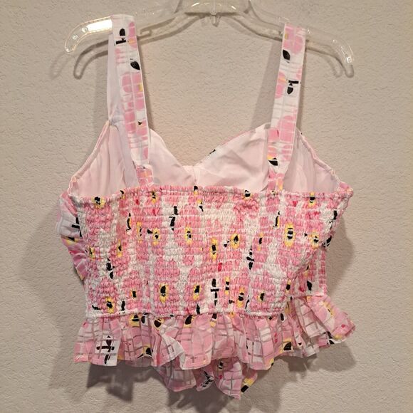 Unique Vintage Plus Size Smocked Cropped Strappy Tube Top Pink White 2X/18 NWT - Picture 3 of 9